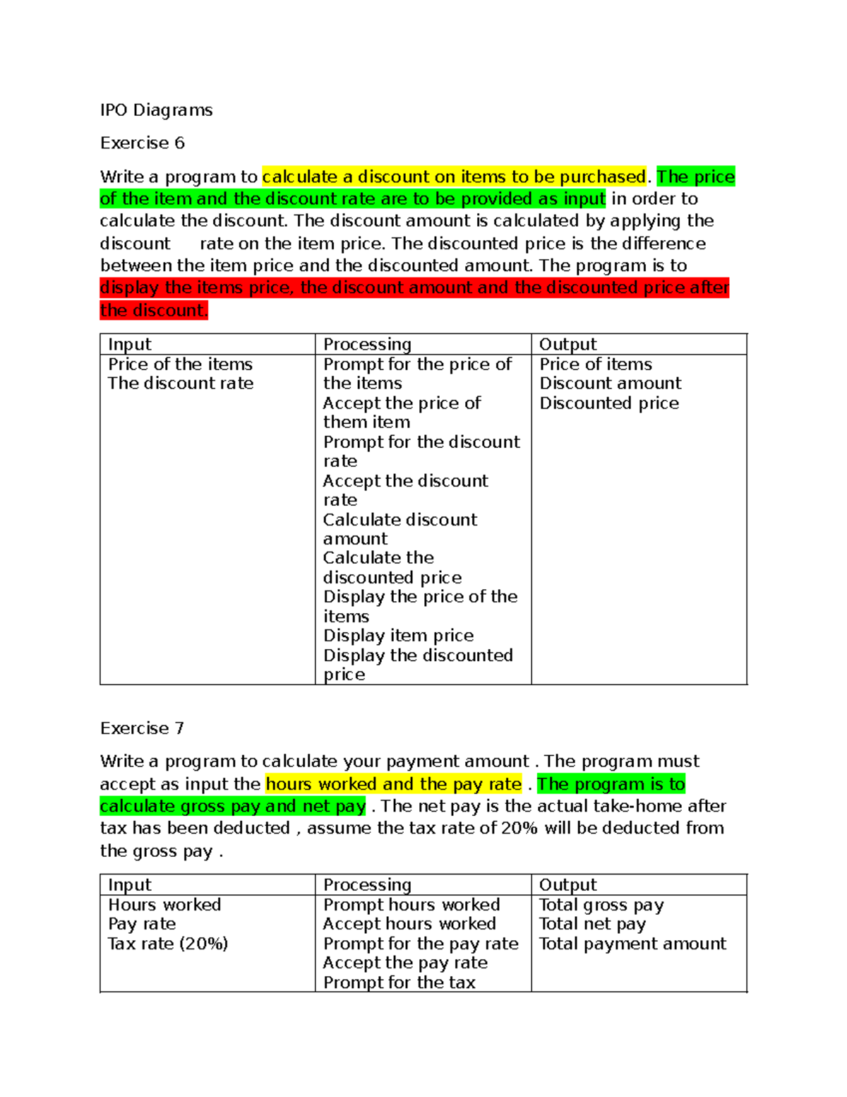 IPO Diagrams Exercise: Discount & Payment Calculation Programs - Studocu