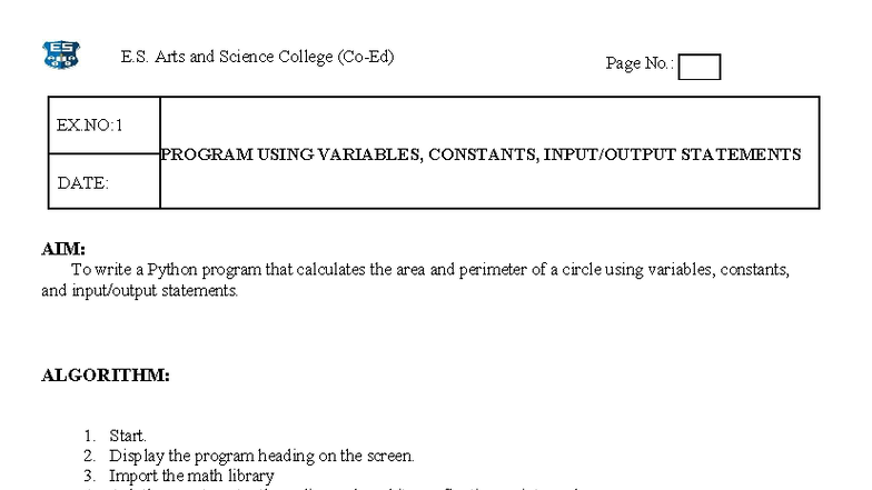 Python Program for Circle Area & Perimeter Calculation - EX.NO:1 - Studocu