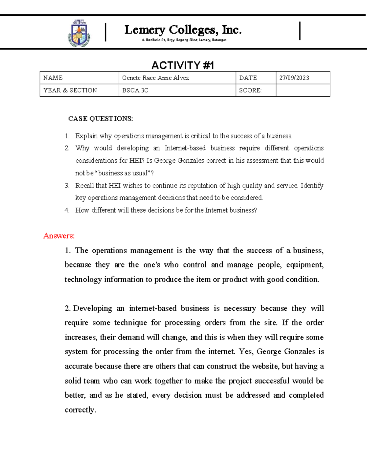 BSCA 3C - Activity 1: Operations Management in Internet-Based Business ...