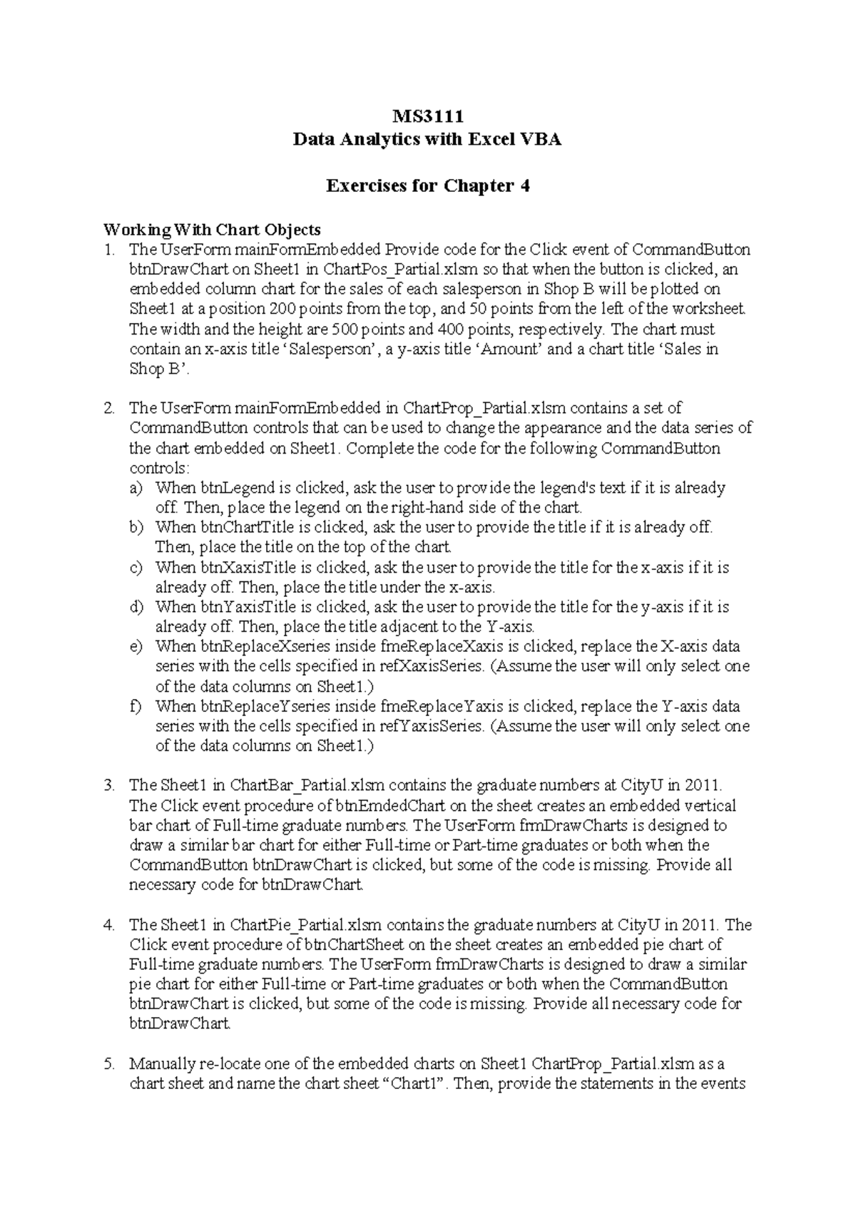 Data Analytics with Excel VBA: Exercises for Chapter 4 (2024) - Studocu