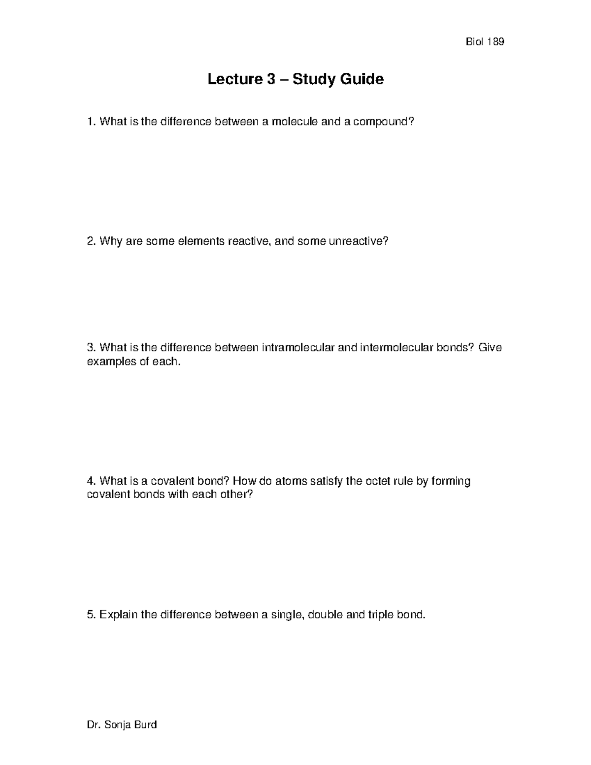 Biol 189 Lecture 3 Study Guide: Molecular and Bonding Concepts - Biol ...