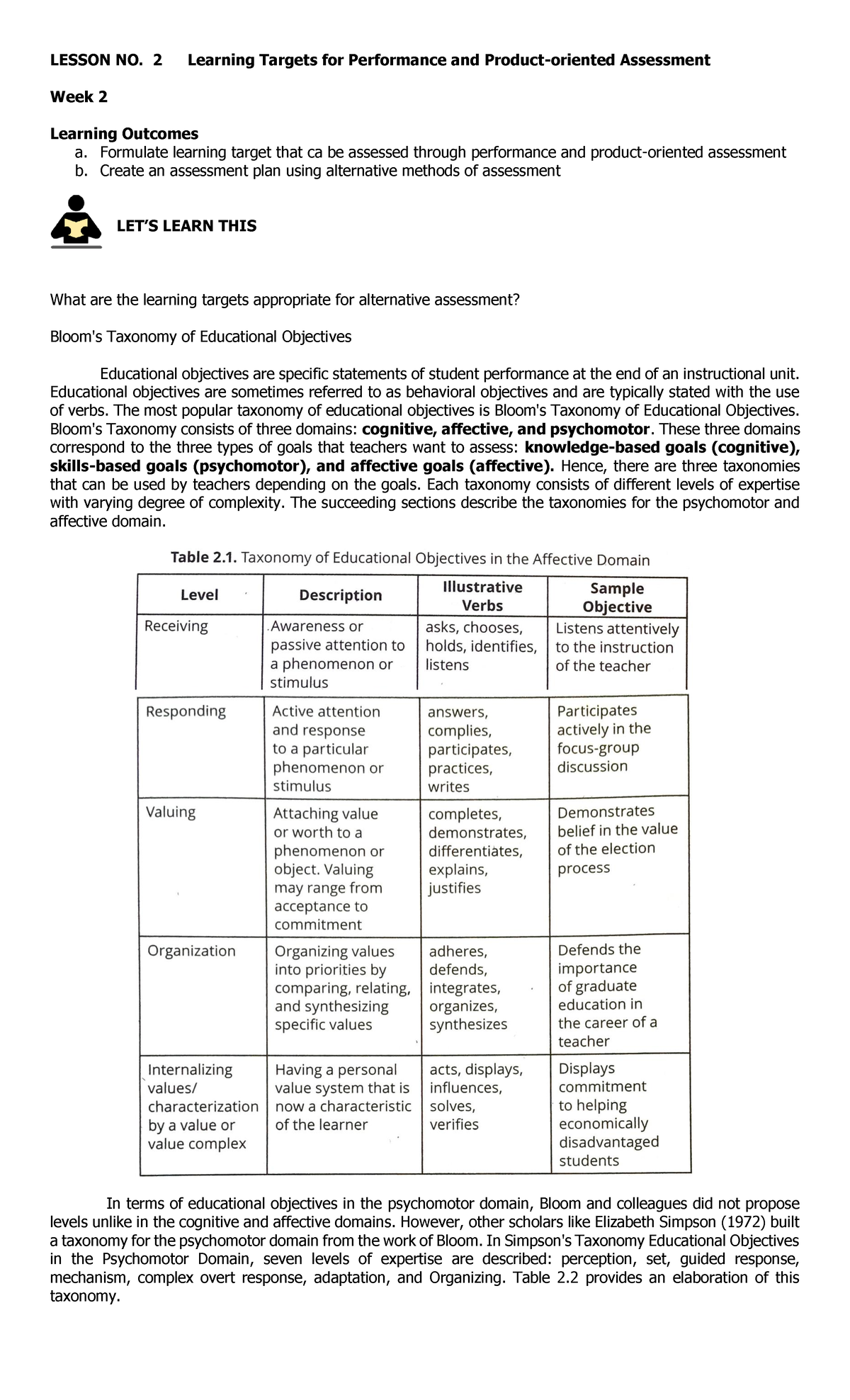 Lesson 2: Learning Targets for Performance & Product-oriented ...