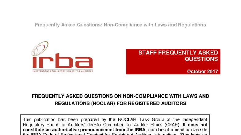 APA IRBA FAQ on NOCLAR for Registered Auditors (Oct 2017) - Studocu