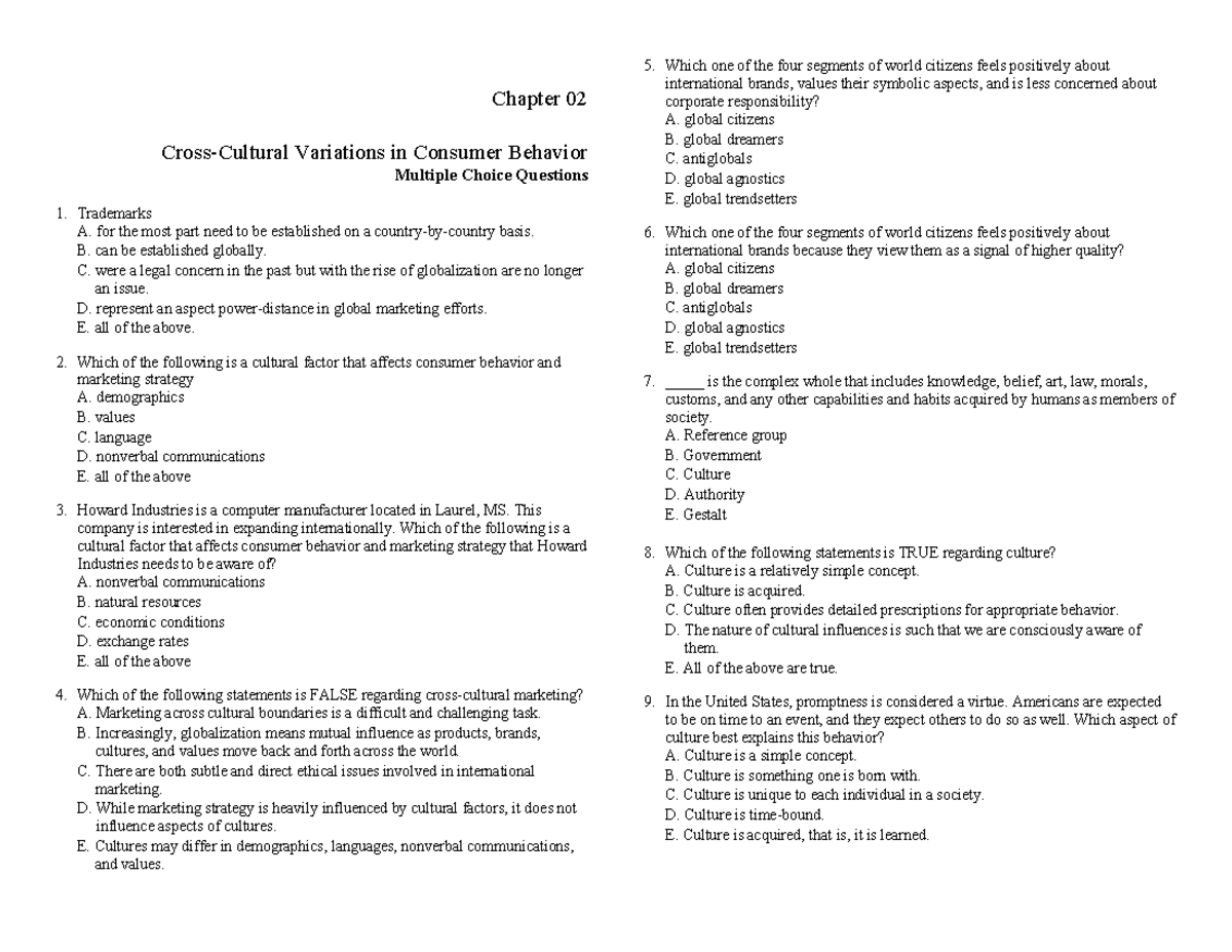 Chapter 02 MCQs on Variations in Consumer Behavior (Testbank CB) - Studocu