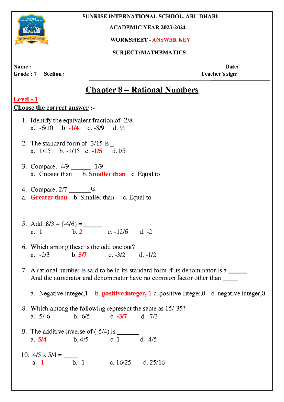 MATHEMATICS GRADE 7 WORKSHEET ANSWER KEY: RATIONAL NUMBERS - Studocu