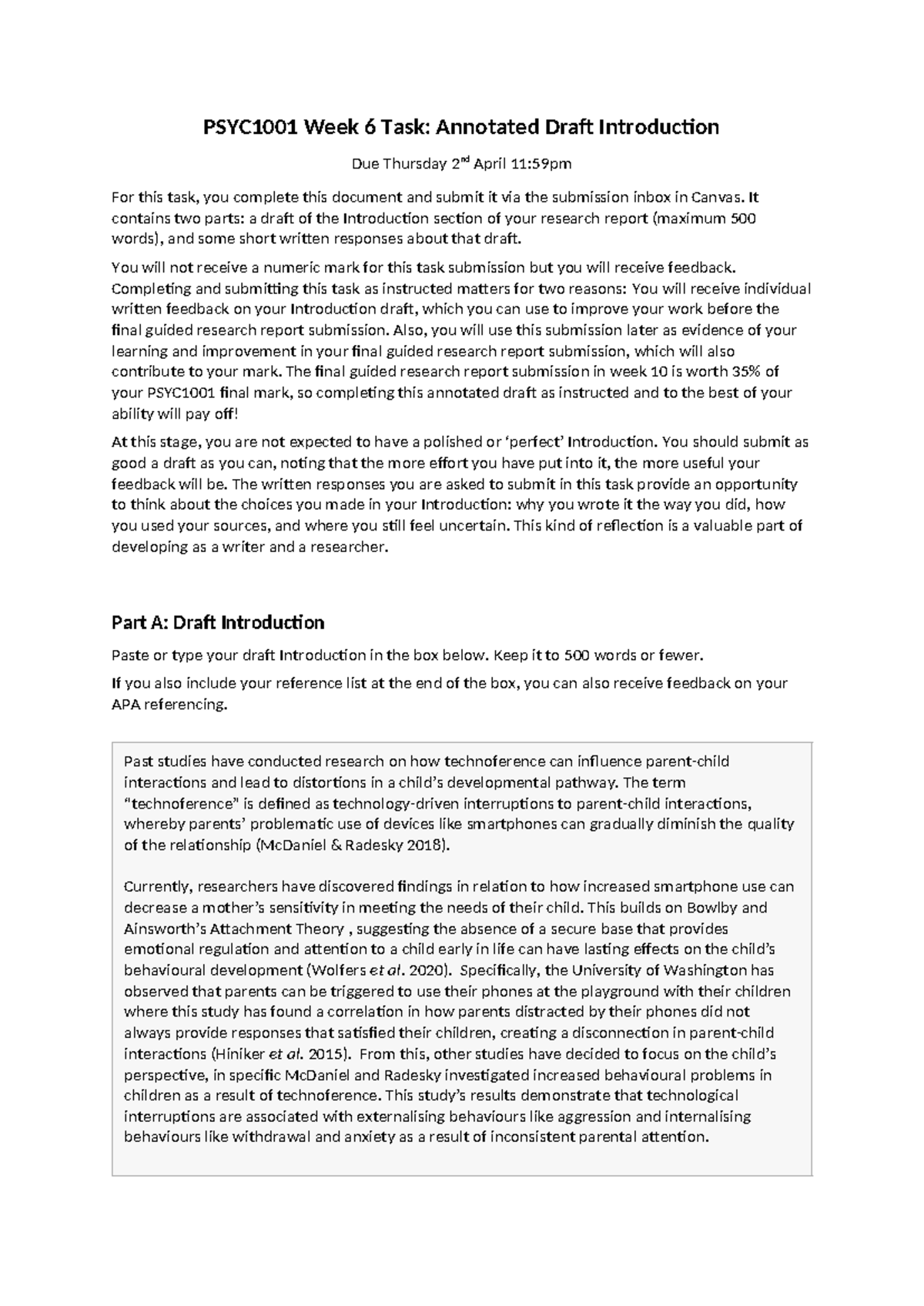 PSYC1001 Week 6 Task: Annotated Draft Introduction Submission - Studocu