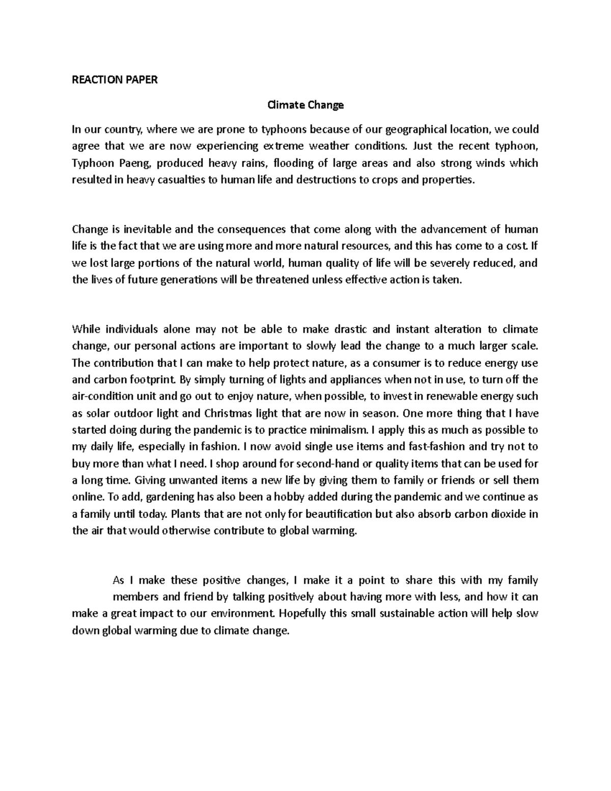 Reaction Paper: Personal Reflections on Climate Change Impacts - Studocu