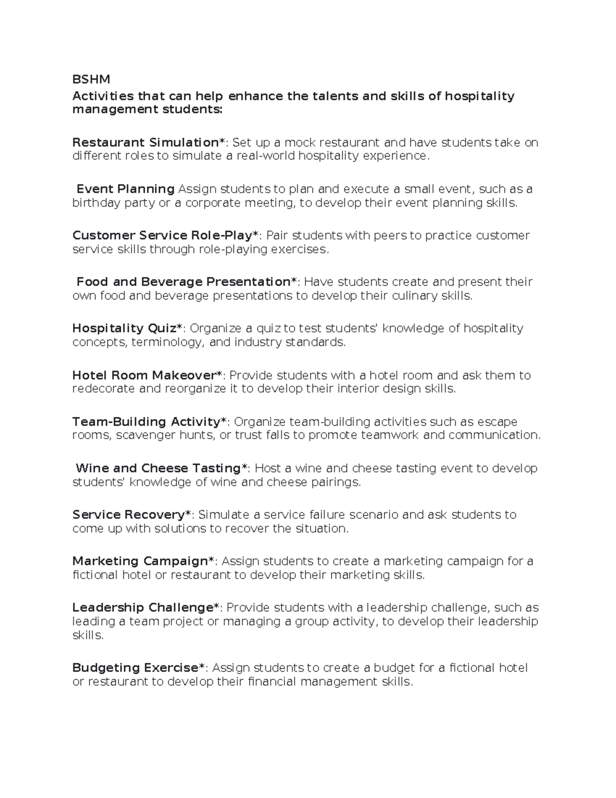 BSHM - Lecture notes on Beverage - BSHM Activities that can help ...