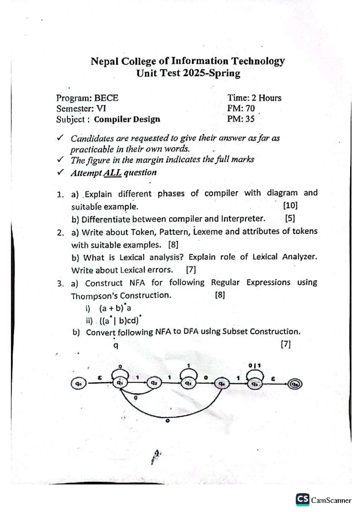 Unit 2: Role of Scanners in Compiler Design and Tokenization - Studocu