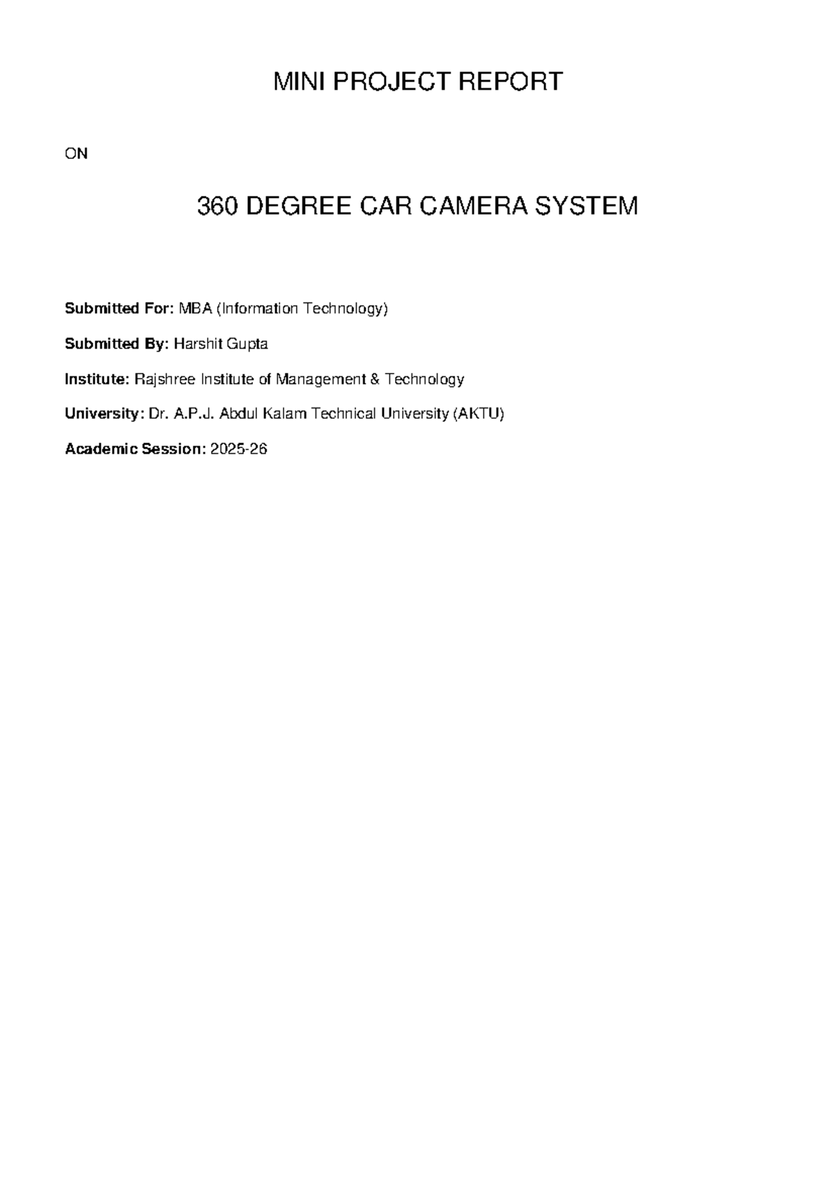 MBA Mini Project Report: 360 Degree Car Camera System - Studocu
