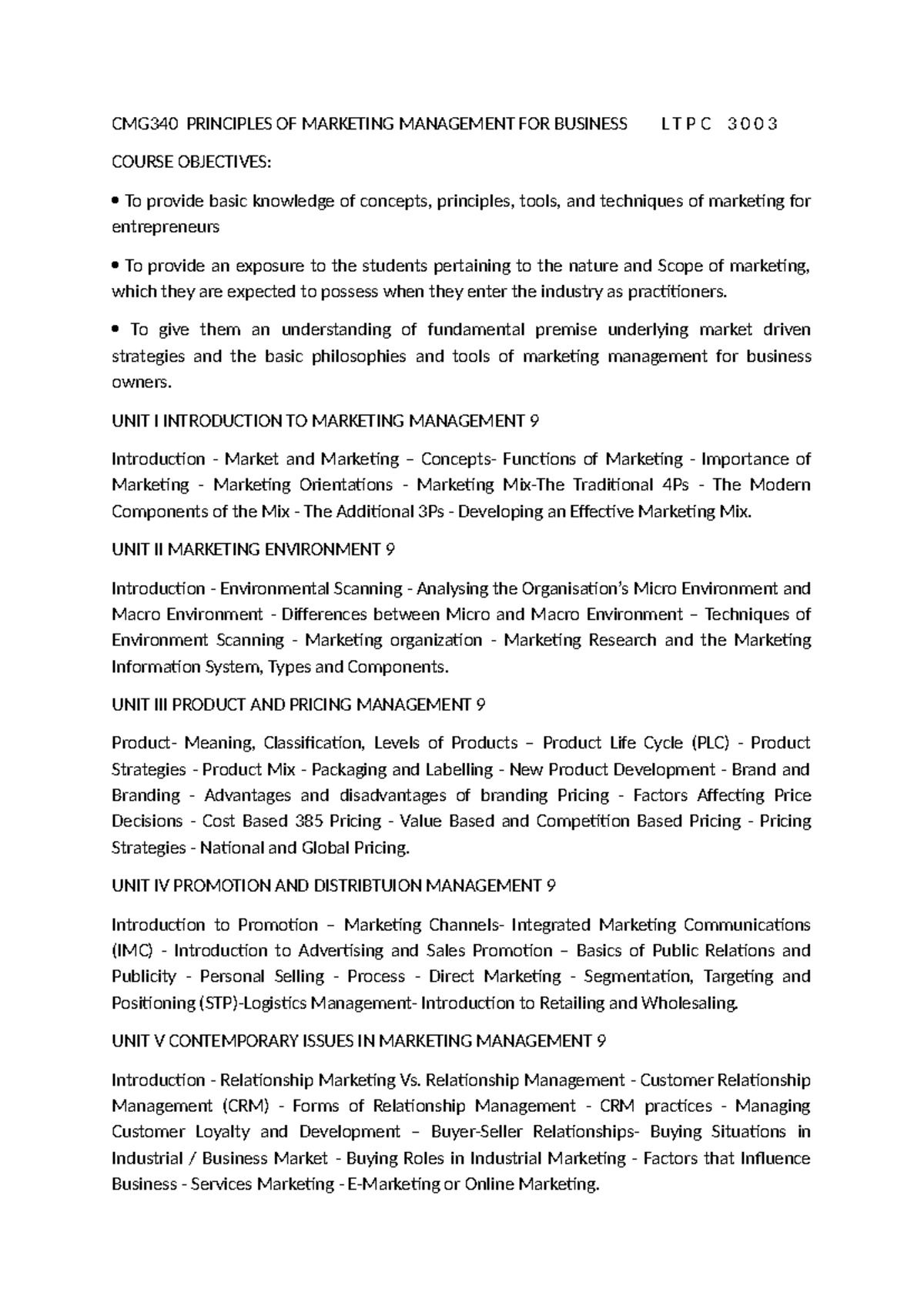 CMG340 Principles of Marketing Management Syllabus Overview - Studocu