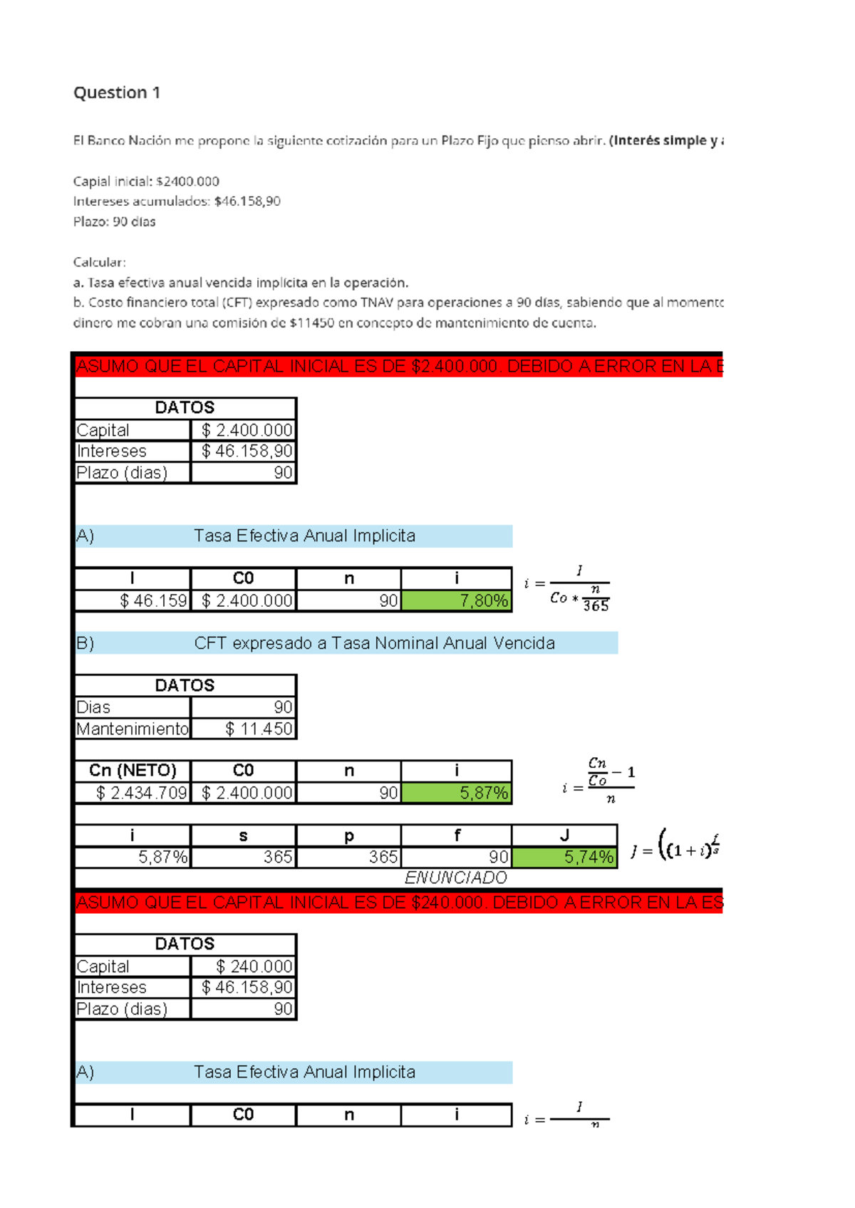 Ejercicio 1: Primer Parcial de Matemática Financiera - Cálculos de ...