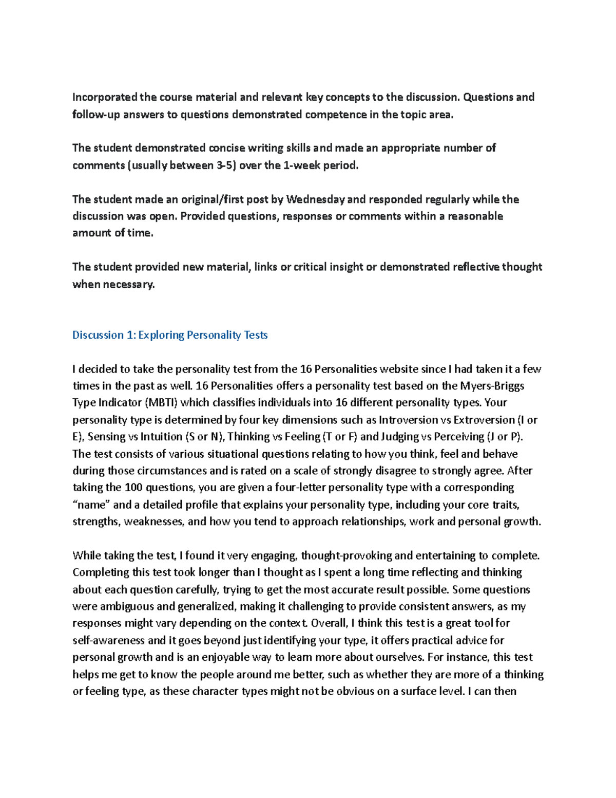 Psyc 101: Discussion Posts on Personality Tests and Relationships - Studocu