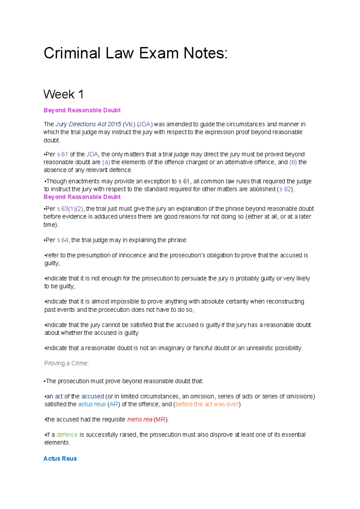 Criminal Law Exam Notes: Key Concepts & Defences (CLAW 101) - Studocu