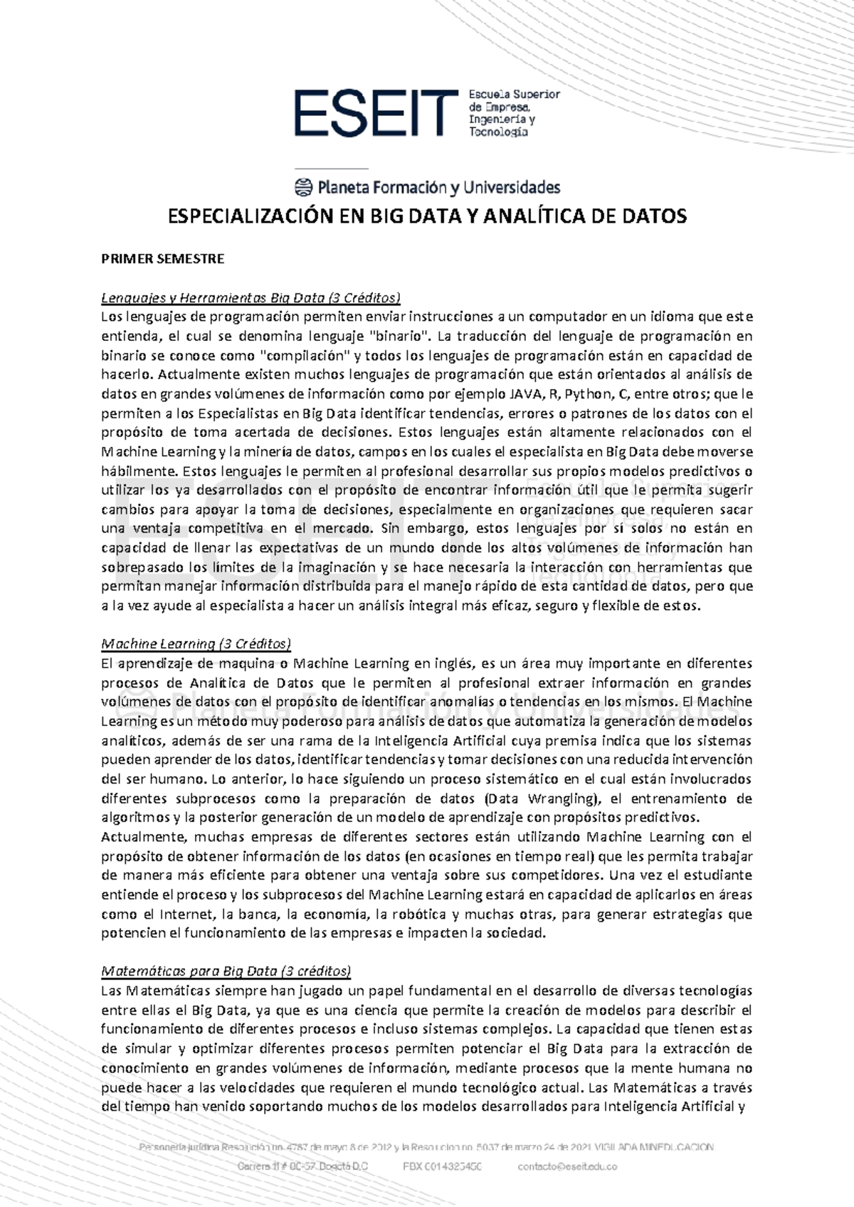 Contenido Programático de la Especialización en Big Data y Analítica de ...