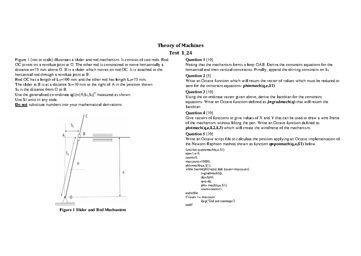 TM 24 Theory of Machines Test 1: Slider and Rod Mechanism Analysis ...