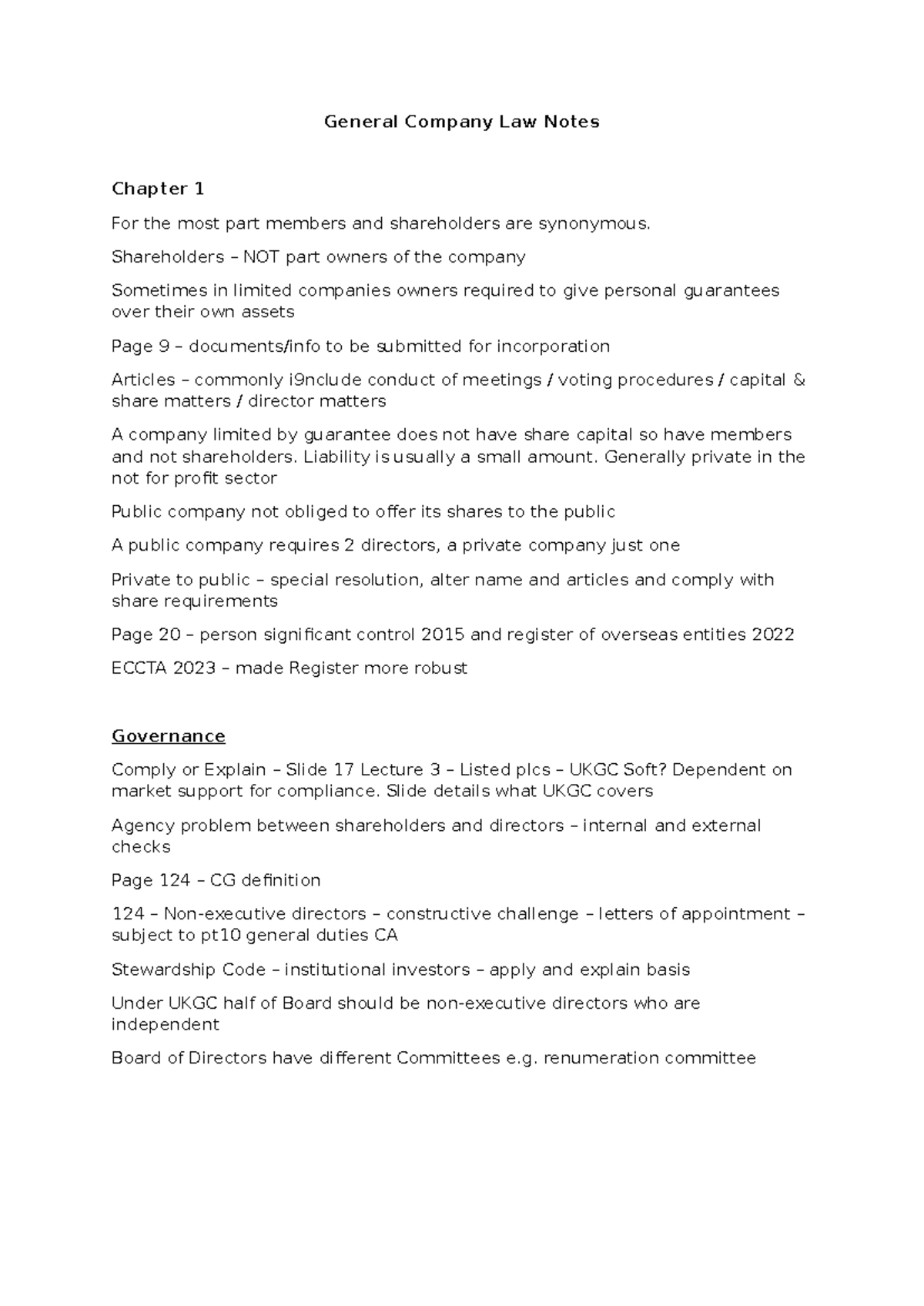 General Company Law Notes: Chapter 1 Overview and Key Concepts - Studocu