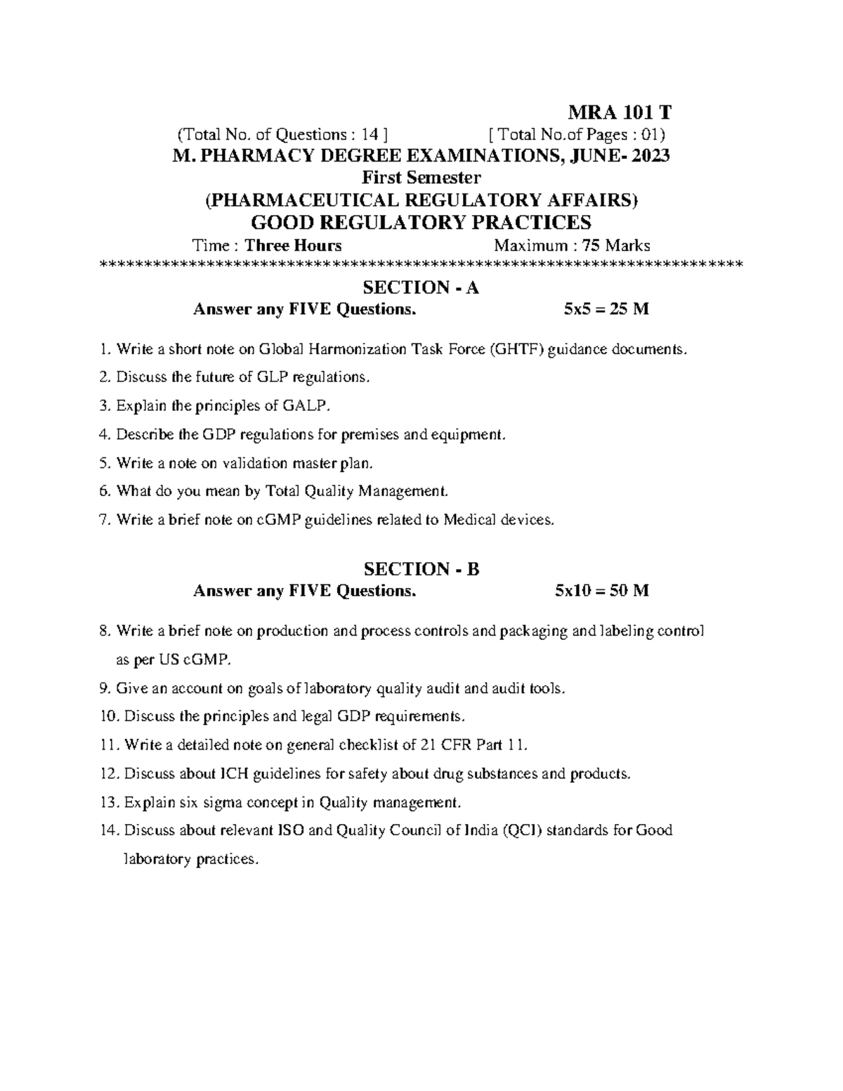 MRA 101 T, MRA 102 T, MRA 104 T: M.Pharmacy Exam Q&A Compilation - Studocu