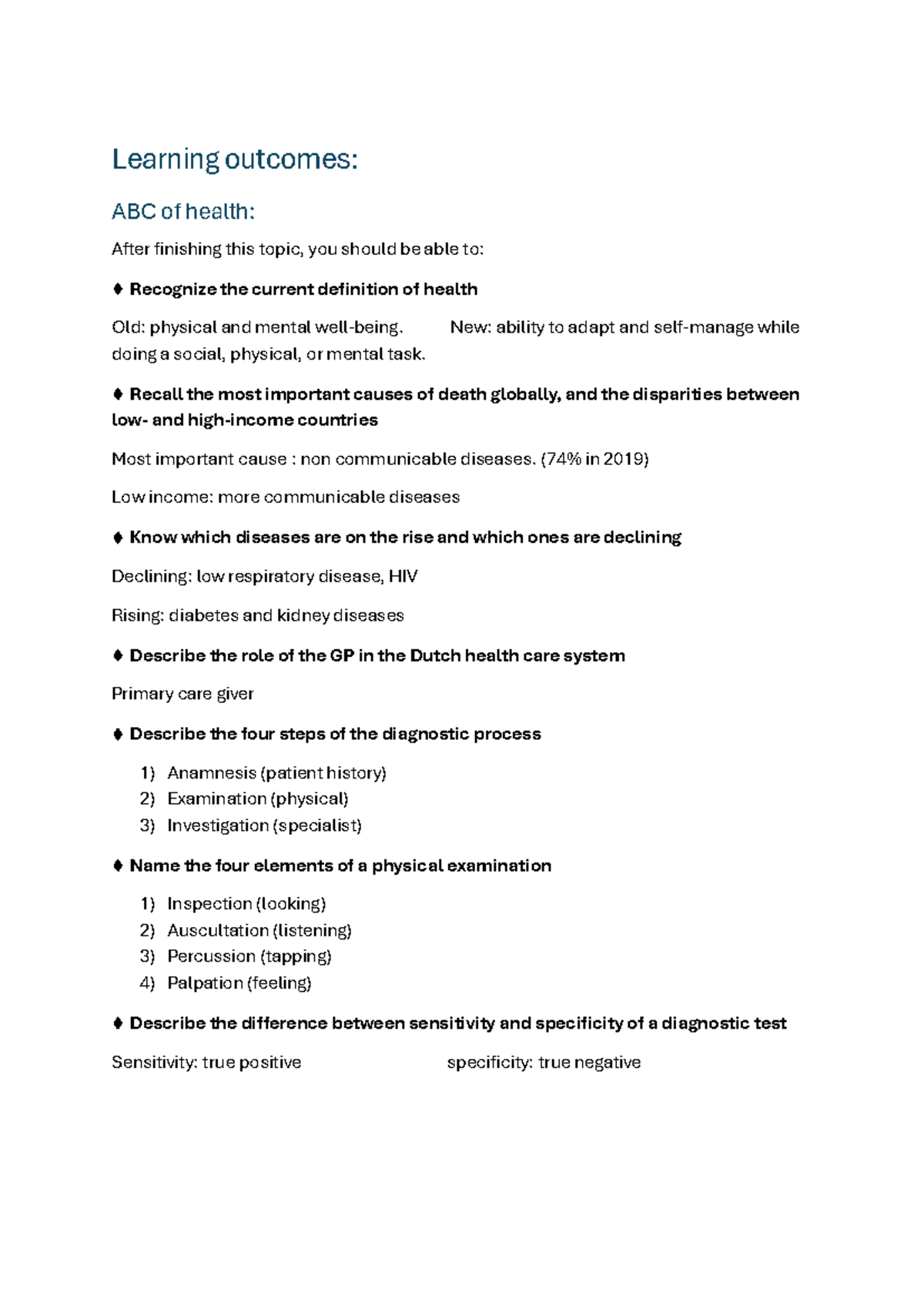 Learning Outcomes for Health Course: Part 1 in Health Science - Studeersnel