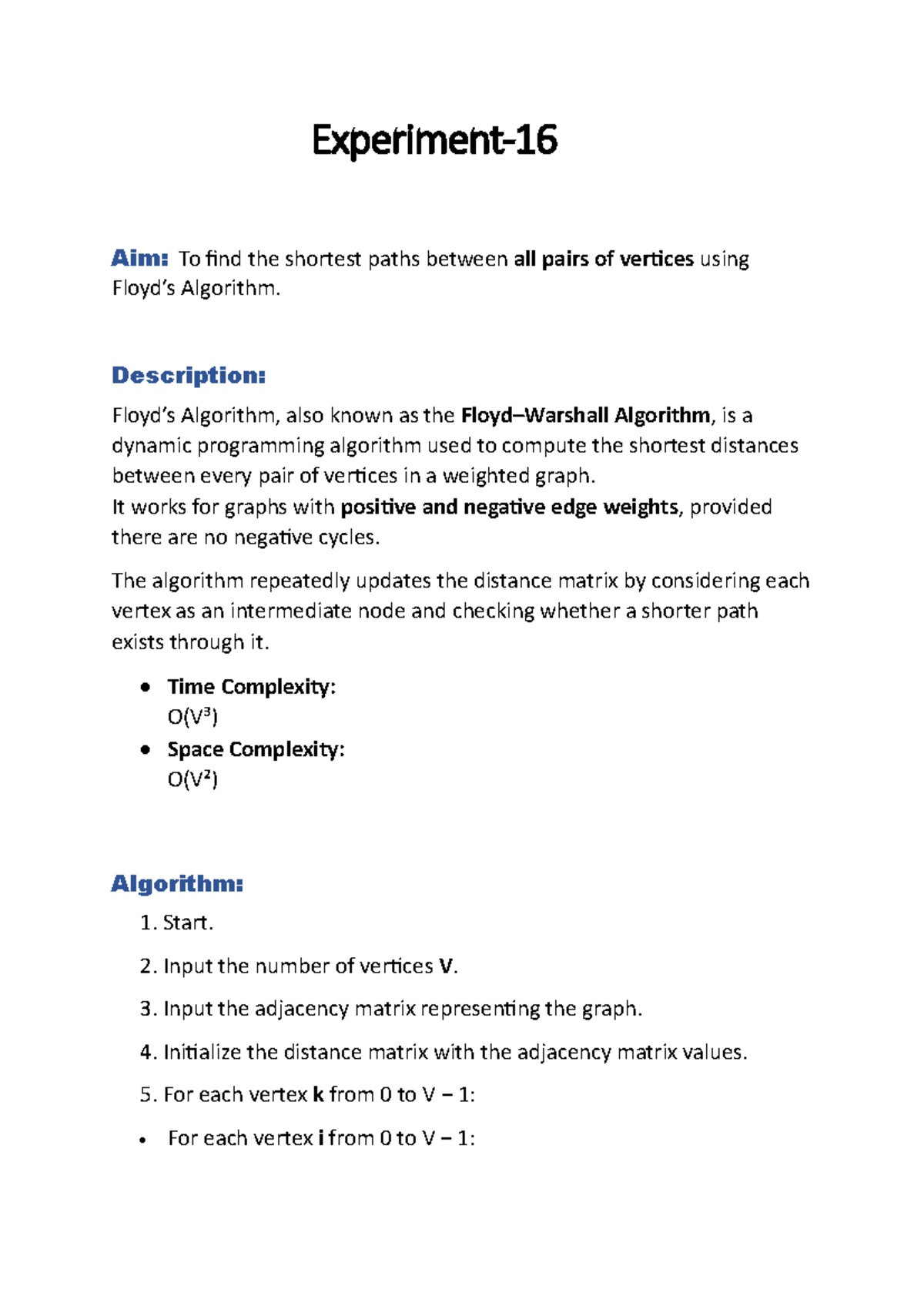 DAA 16 - Shortest Paths Using Floyd-Warshall Algorithm - Studocu