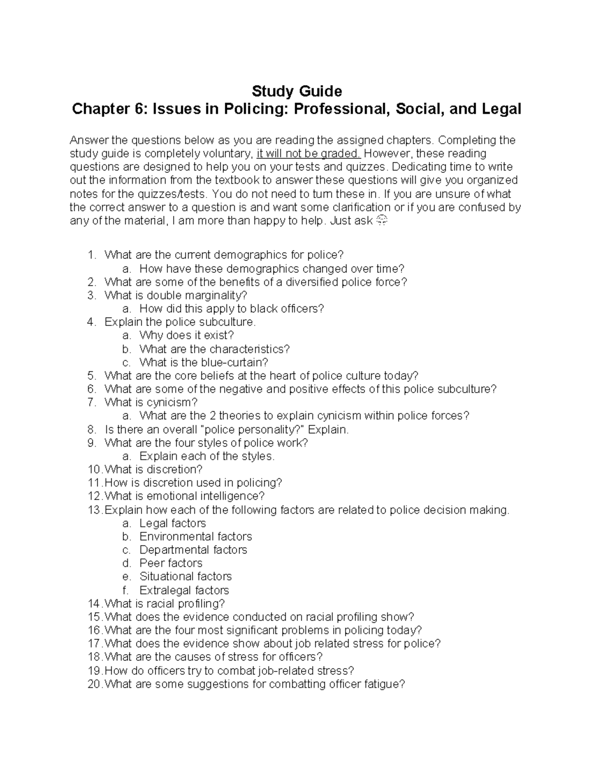 Study Guide: Chapter 6 - Issues in Policing, Prof. & Legal Aspects ...