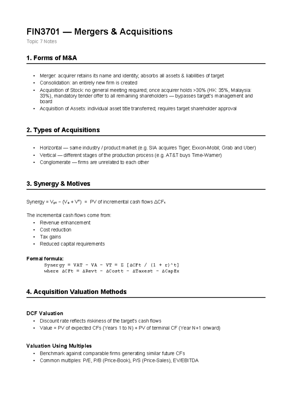 FIN3701 Mergers & Acquisitions Topic 7 Summary Notes - Studocu