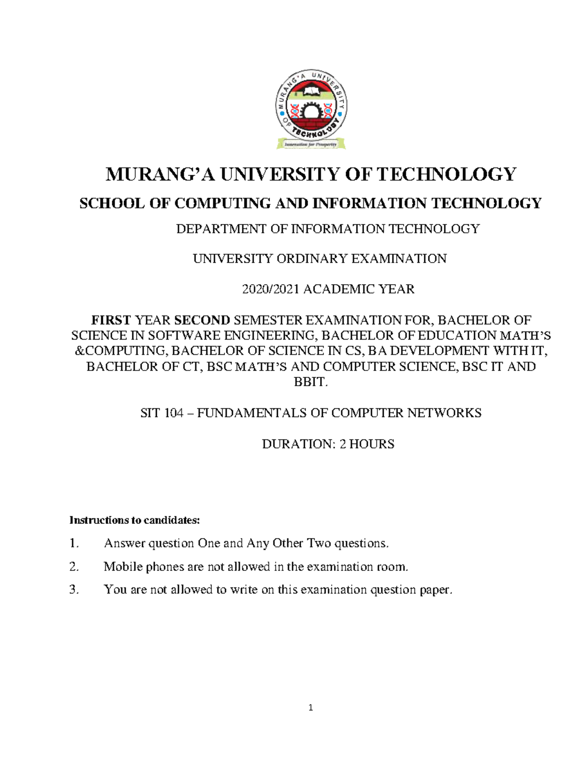 SIT 104 Final Exam: Fundamentals of Computer Networks Overview - Studocu