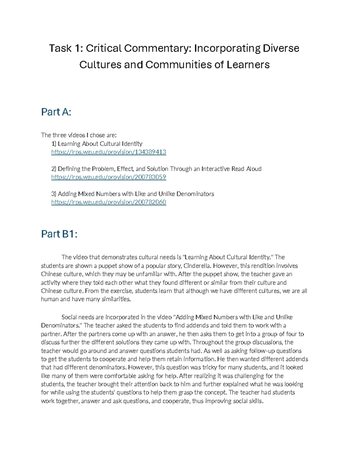 D090 Task 1 - D090 Task 1 - Task 1: Critical Commentary: Incorporating ...