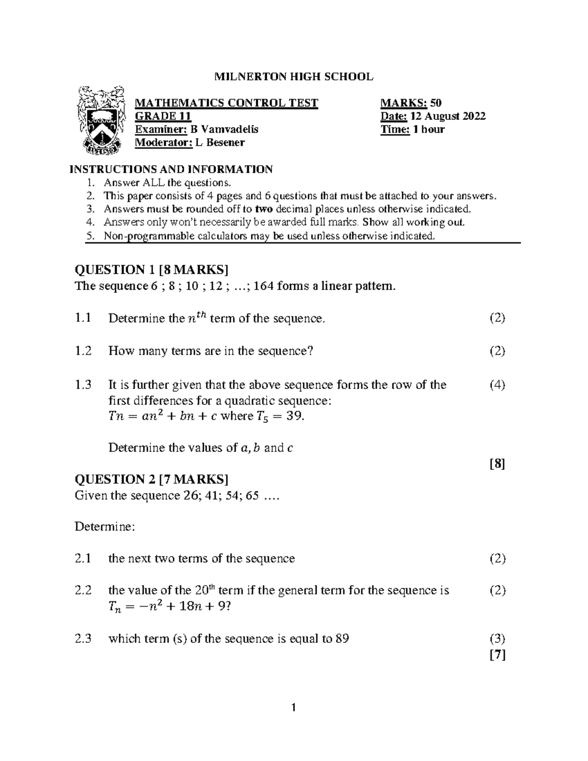 Grade 11 November Exam P1 and Memo Term 4 2016 - SECTION A Answer ALL ...