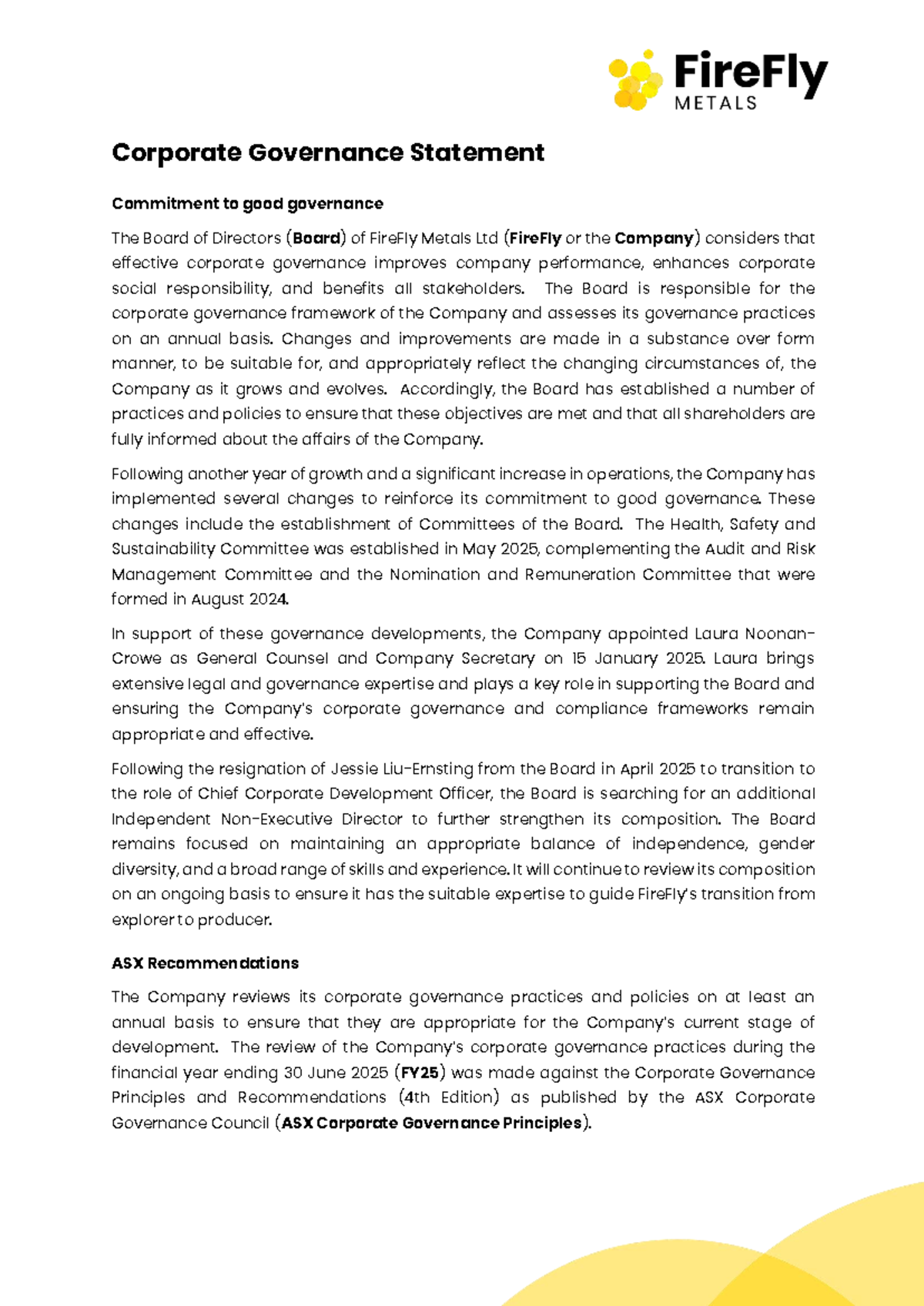 Corporate Governance Statement: FireFly Metals Ltd (02989756) - Studocu