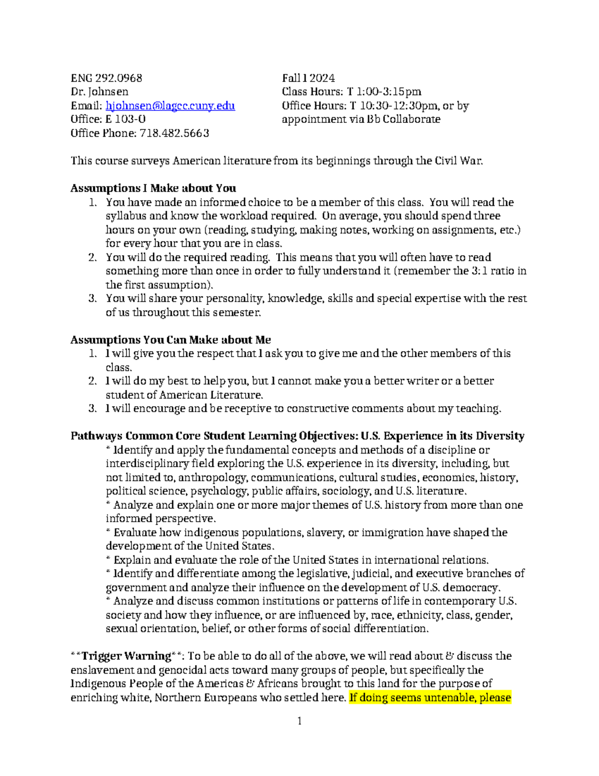 ENG 292: Early American Literature Syllabus & Course Overview Fall I ...