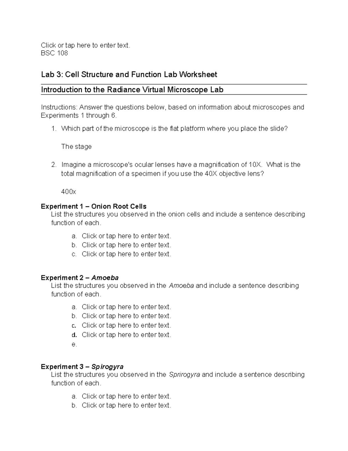 BSC 108 Lab 3: Cell Structure & Function Worksheet for Experiments 1-6 ...