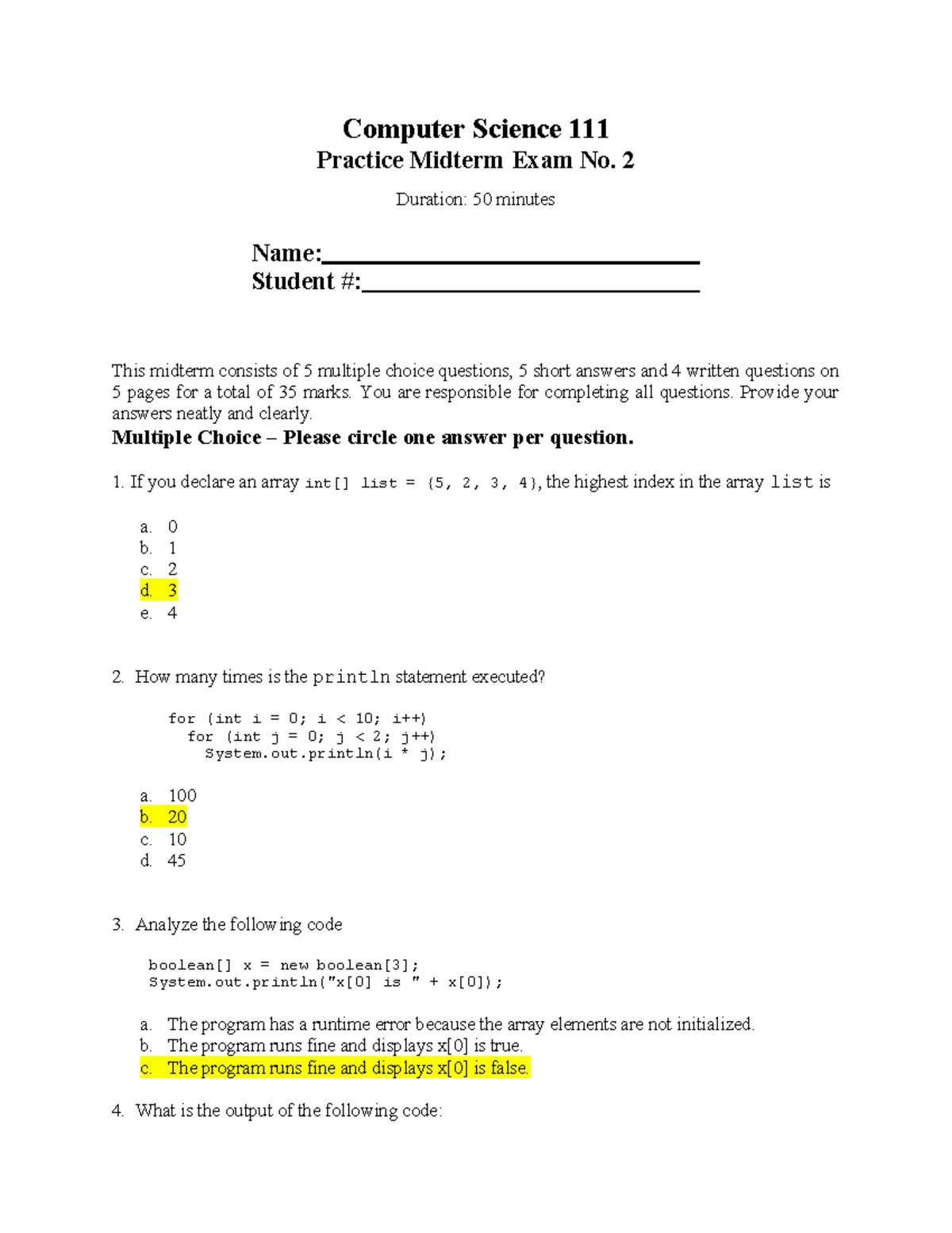 COSC111 Midterm Exam 2 Practice Solutions and Questions - Studocu