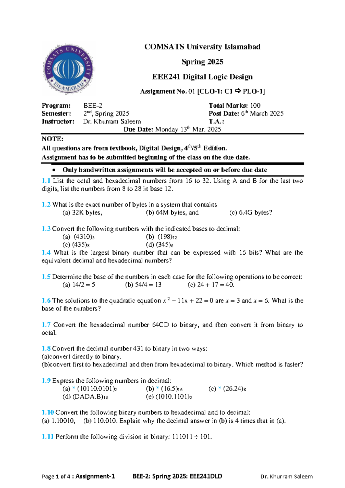 COMSATS University Islamabad Spring 2025 Digital Logic Design ...