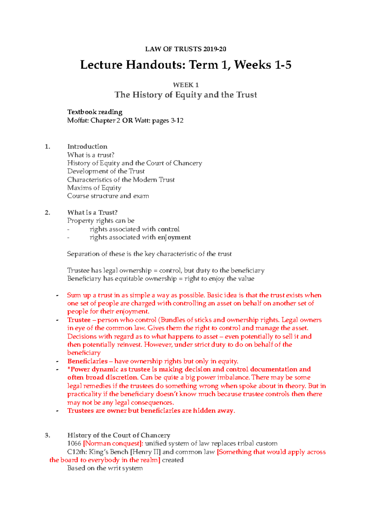 Trusts WEEK 1 -5 - lecture notes - LAW OF TRUSTS 2019- Lecture Handouts ...