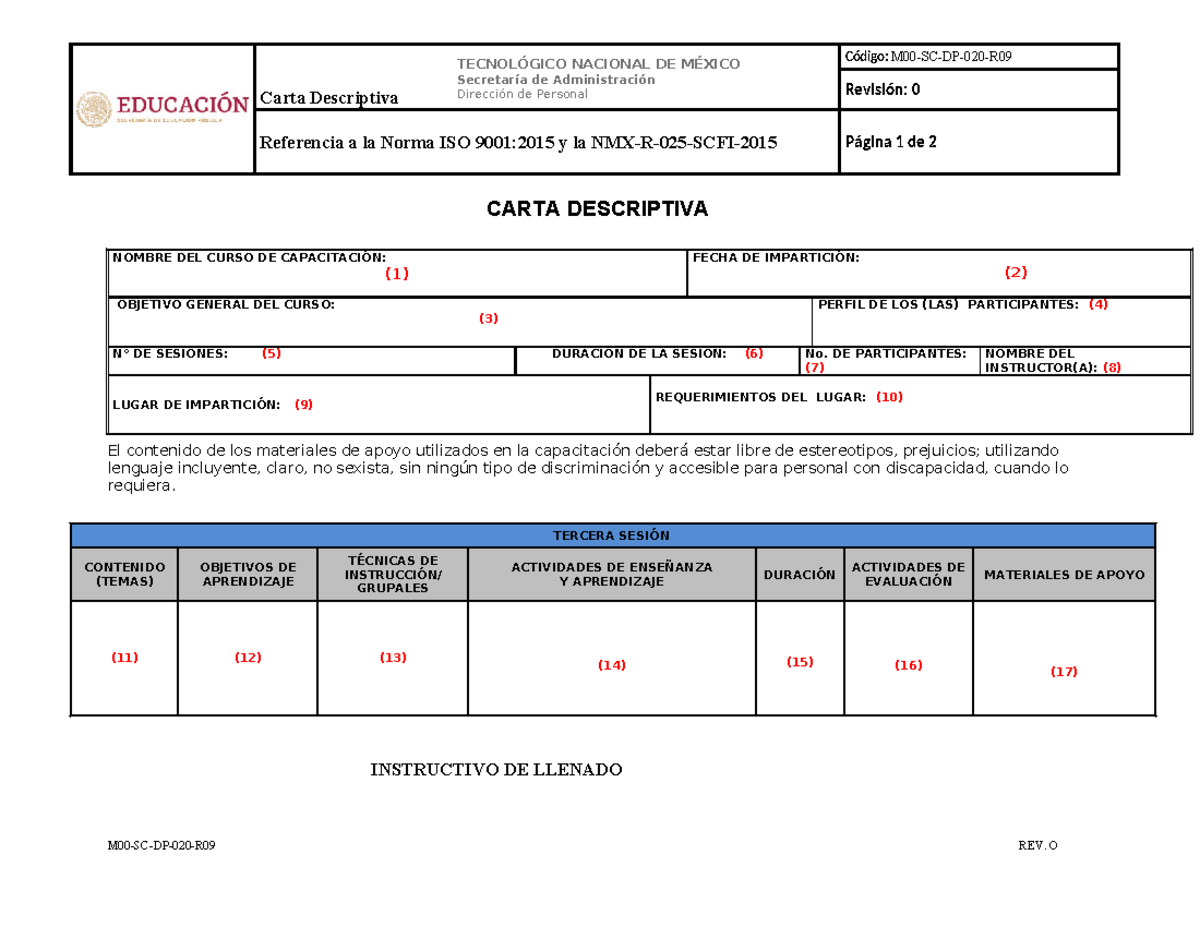 Carta Descriptiva del Curso de Capacitación - TECNOLÓGICO NACIONAL DE