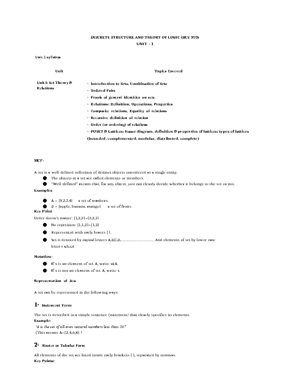 DSTL 303 - Discrete Structures and Logic Theory Unit 1 Notes - Studocu