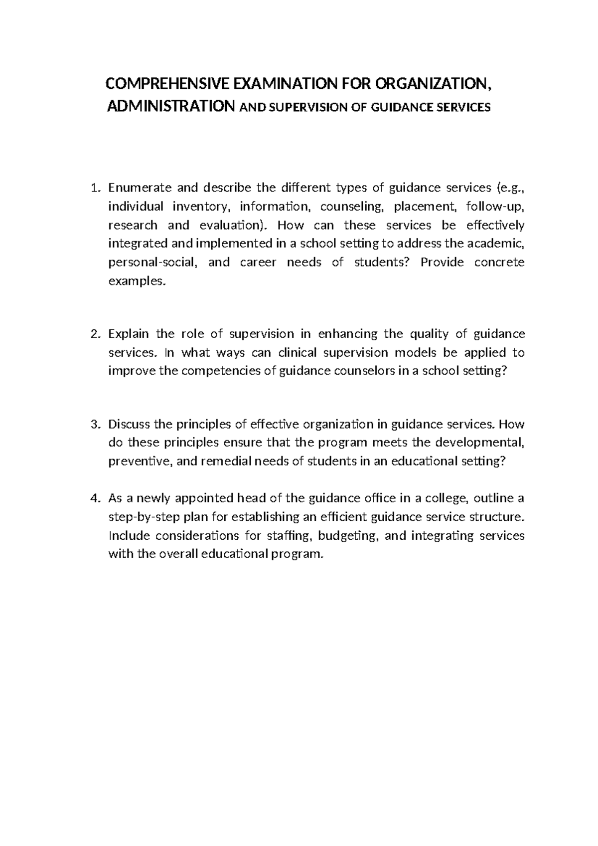 Comprehensive Exam Questions for Org Admin & Supervision of Guidance ...