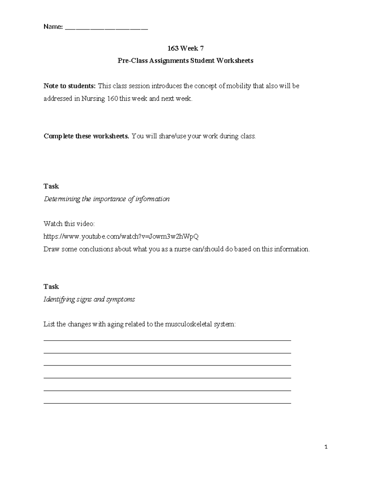 NUR 163 Week 7 Pre-Class Assignment on Mobility and Complications - Studocu