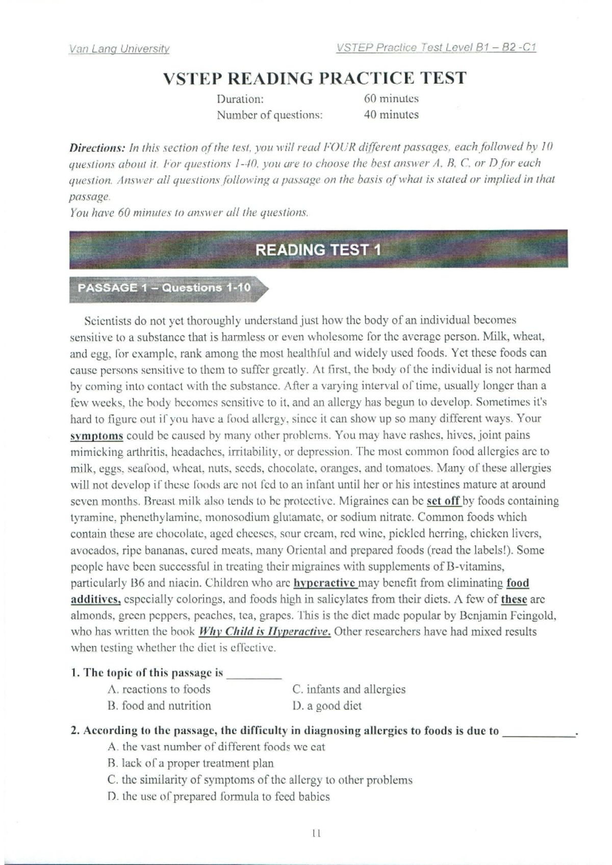 VSTEP Practice Test Level B1 - Reading Comprehension and Analysis - Studocu