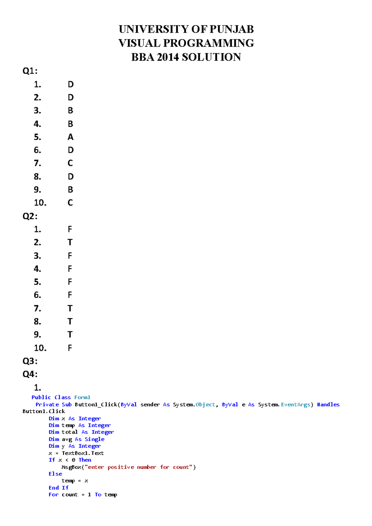 BBA 2014 Visual Programming Solutions and Code Examples - Studocu