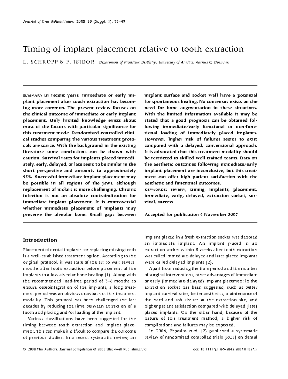 Timing of implant placement - S C H R O P P & F. I S I D O R Department ...