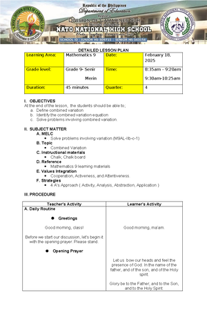 DLP- Mathematics 8 Day 7 - DETAILED LESSON PLAN IN MATHEMATICS 8 I ...