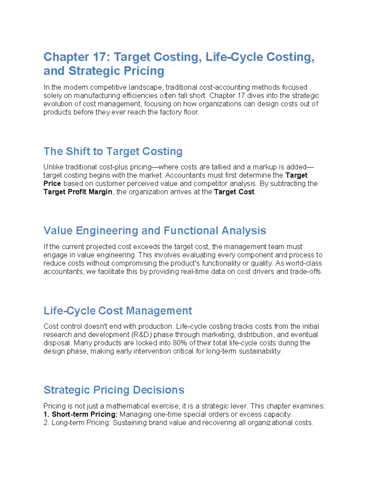 Chapter 17: Target Costing & Strategic Pricing in Cost Accounting - Studocu