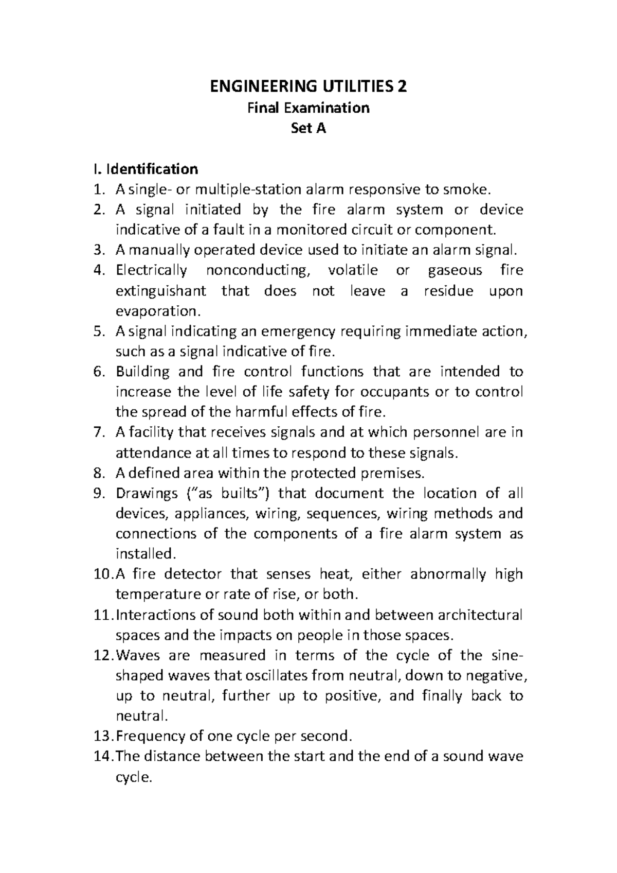 Final Exam - Engineering Utilities 2: Set A Study Guide - Studocu