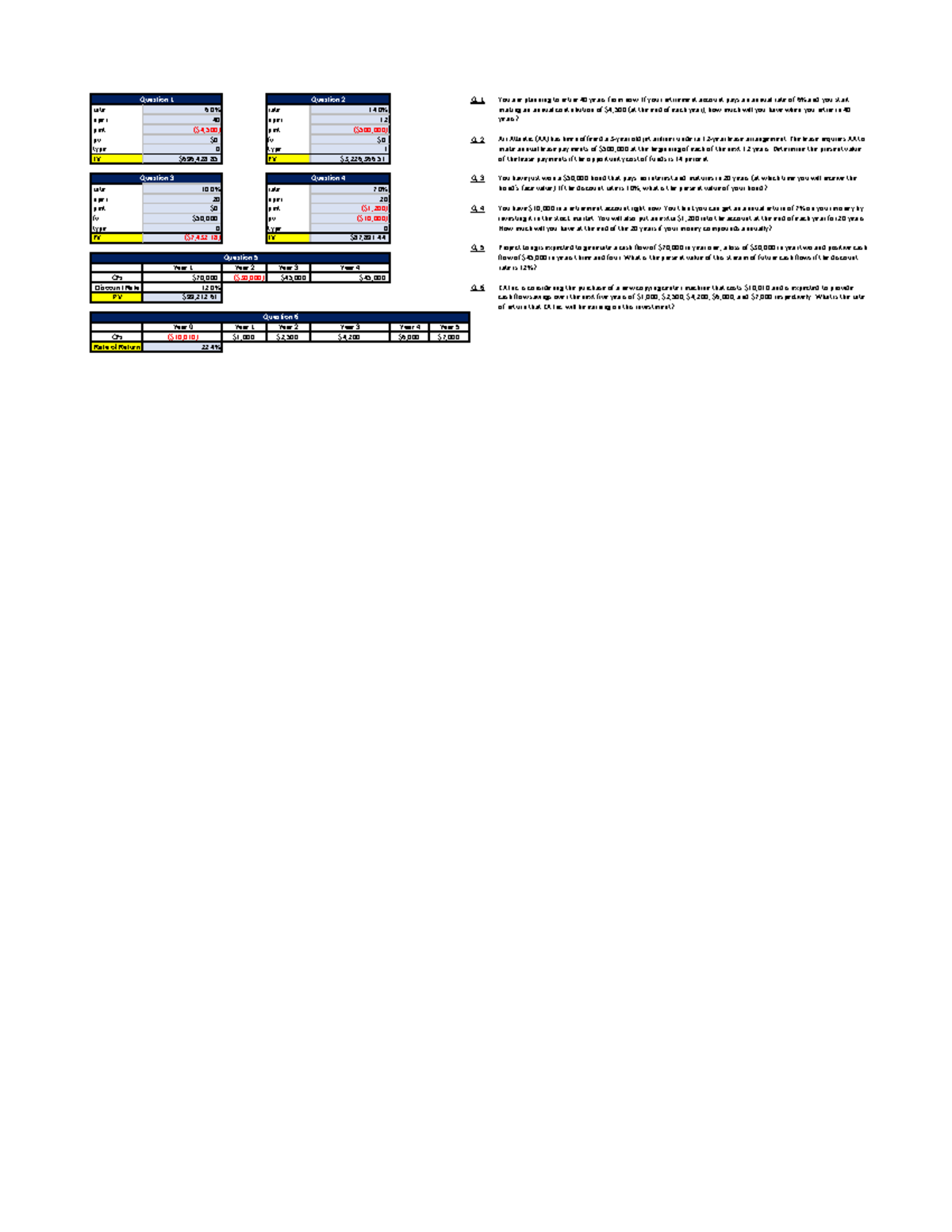 D076 Excel Practice Problems - Q. 1 rate 6% rate 14% nper 40 nper 12 ...