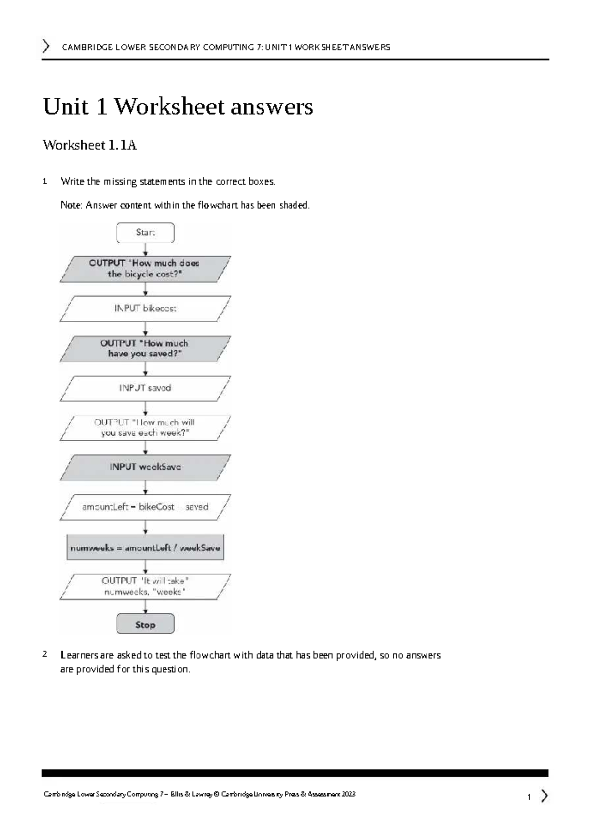 CAMBRIDGE LOWER SECONDARY COMPUTING 7: UNIT 1 ANSWERS WORKSHEETS - Studocu