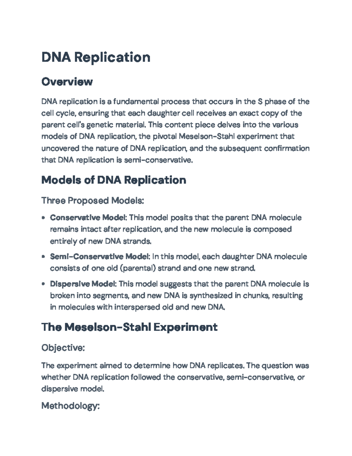 DNA Replication Models: Findings from Meselson-Stahl Experiment - Studocu