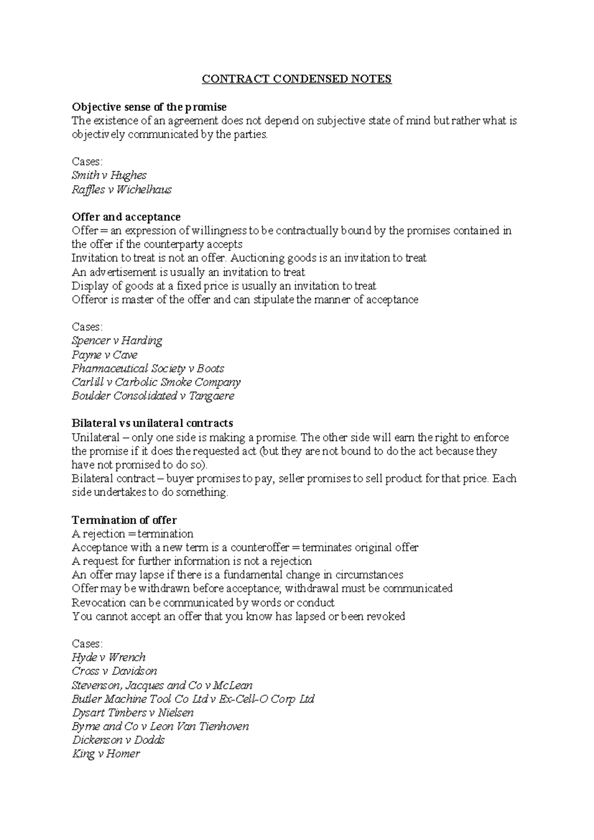 Contract Law - Condensed Notes for Final Exam (LAW101) - Studocu