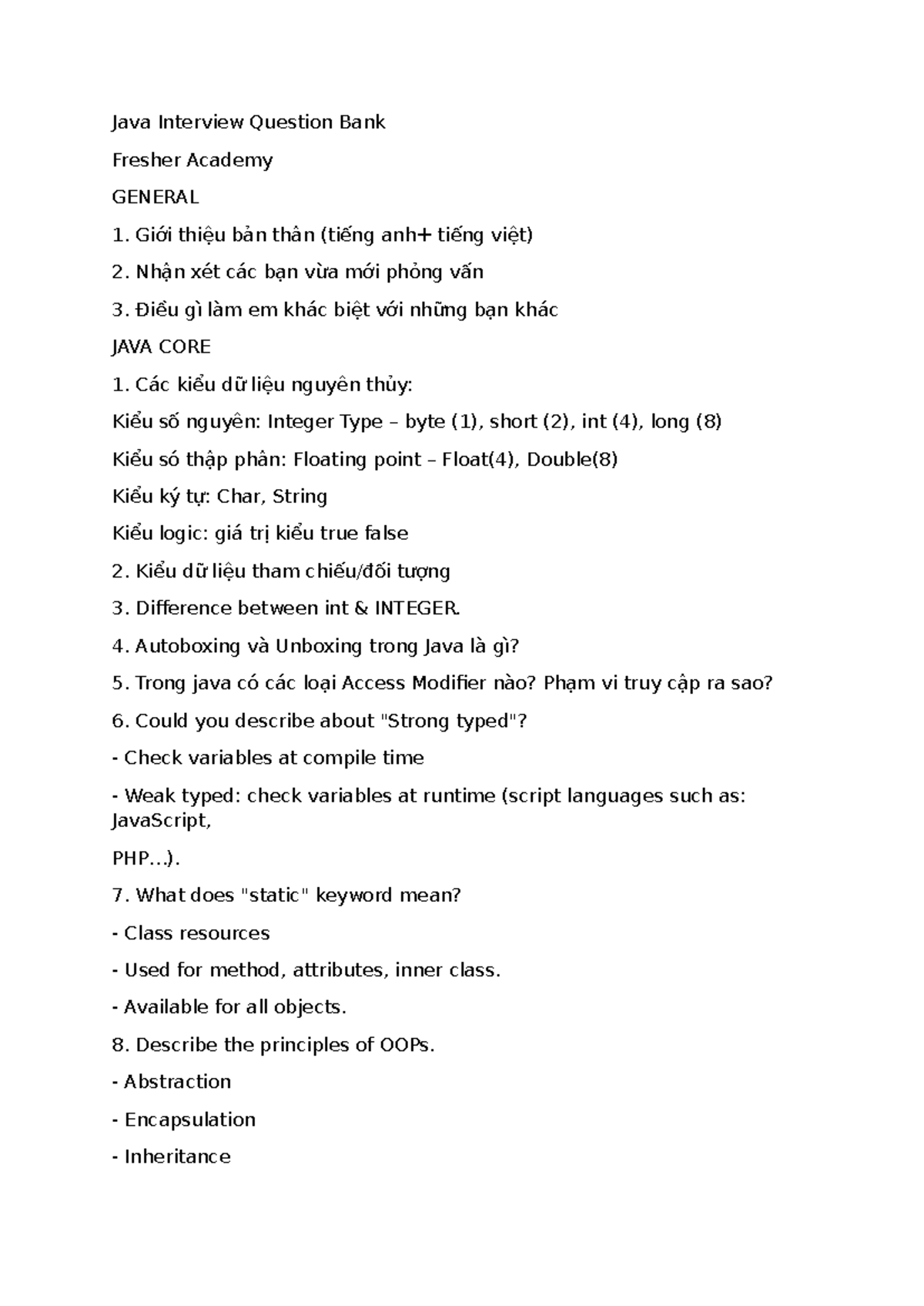 Java Interview Question Bank for Freshers - Tài liệu Ôn fsoft - Studocu